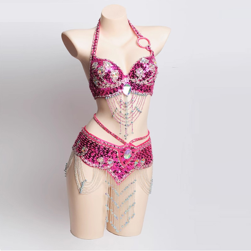 Danza del vientre ropa de espectáculo de mano perla bordada bra cintura paquete de baile indio vestido de escenario sexy discoteca BRA
