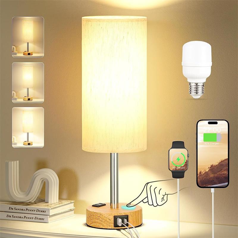 Modern Minimalist Bedside Lamp for Bedroom and Study, Wood Texture Decor, Cross-border USB-A + C Port, Three-Level Dimming Touch Table Lamp