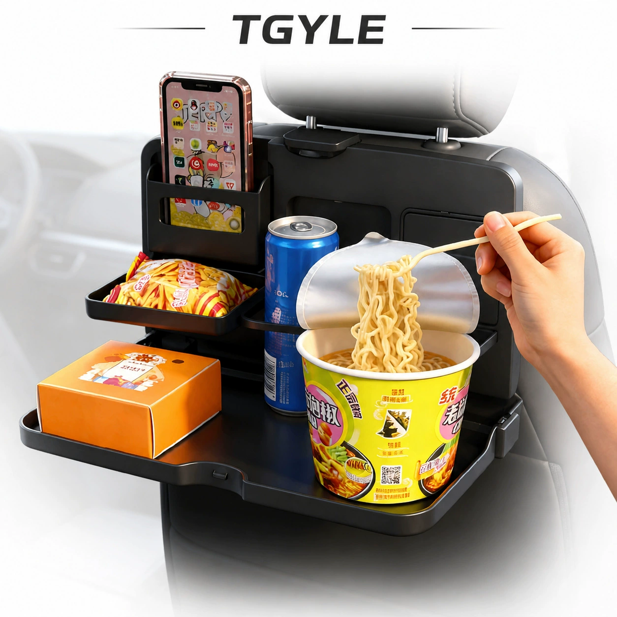 Car Back Seat Tray (Polyonogenic 1503) — ABS Foldable Multi-Compartment Table, 34×20 cm