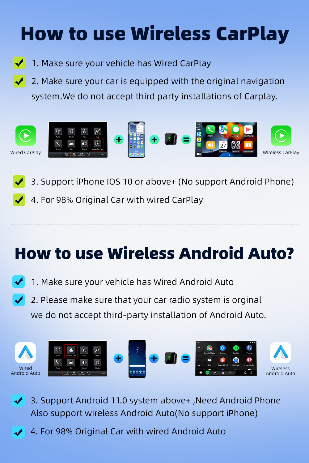 Smart Car Connectivity Adapter 2-in-1: Converts Wired to Wireless in Seconds, CarPlay Android Auto Conversion Box