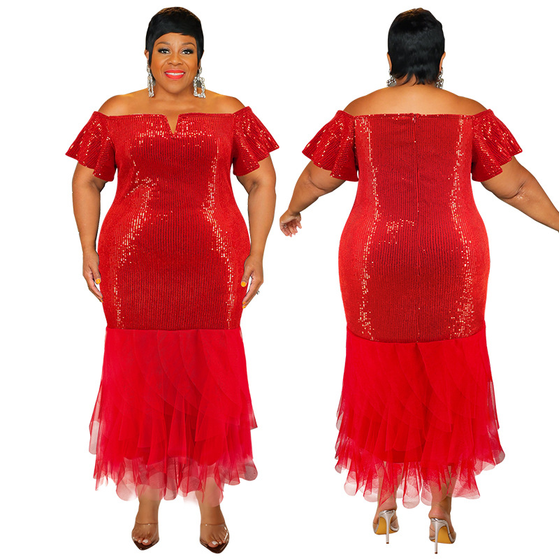 Plus Size Elegant Evening Dress With Sequin Mesh Insert, Red Long Sleeveless Dress For Special Occasions_voghion.com