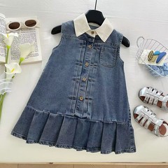 2025夏の女の子のデニムのワンピースの女の赤ちゃんの襟のベストのスカートの韓国版の子供の洋風の潮のクールな風の子供のスカート