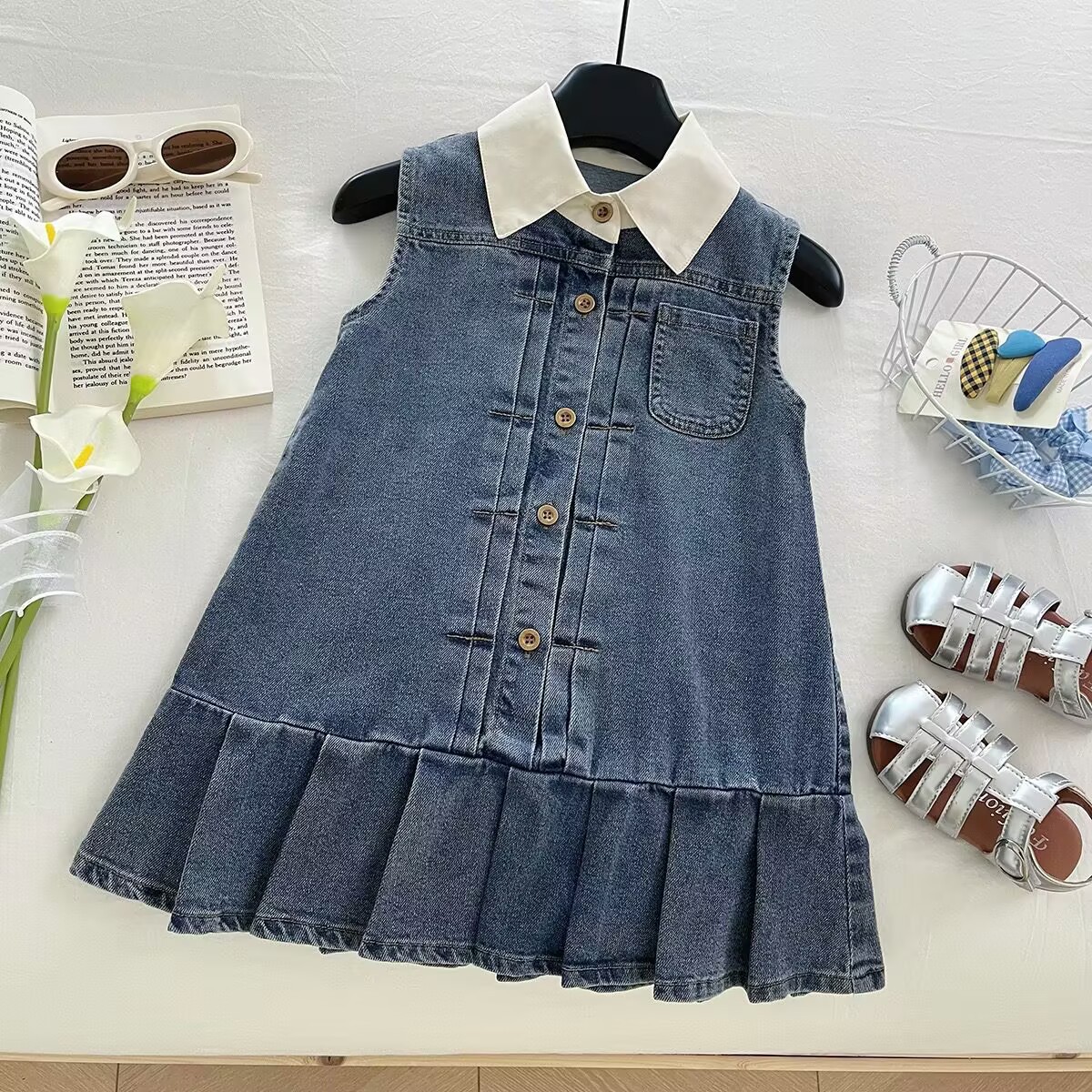 Summer denim dress, girl's skirt, children's sleevless dress, Korean style, western style