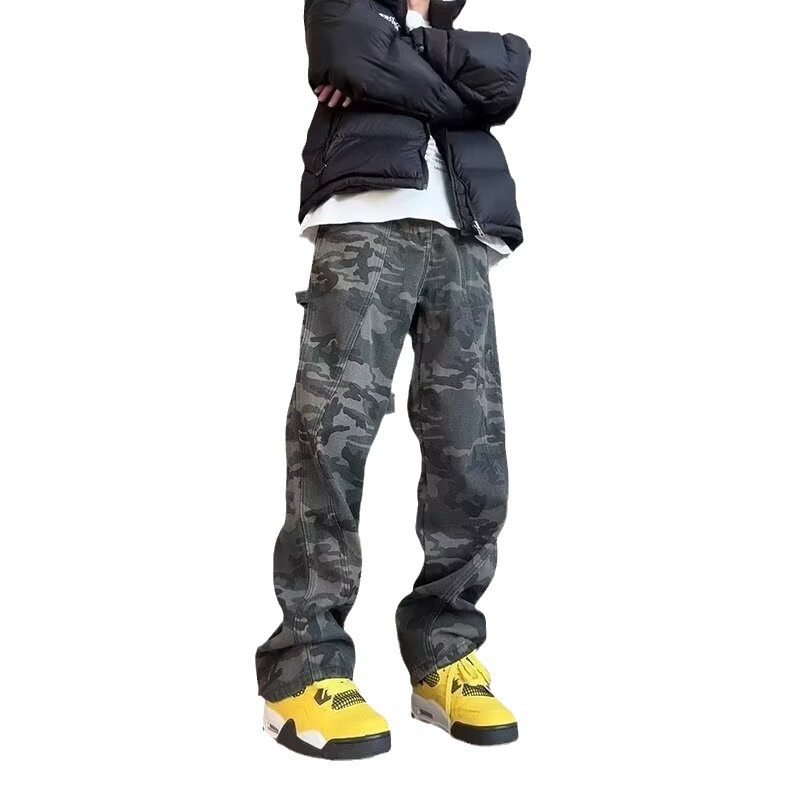 Monos de hip-hop de la calle americana, jeans de camuflaje retro de la marca de moda de la calle alta, pantalones rectos sueltos
