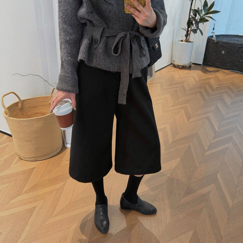 Cross-Border Old Money Style Wool Cropped Pants, Warm and Thick, Fashionable Casual Pants for Petite Women, Autumn and Winter Wide-Leg Pants Wholesale