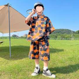 男童夏装衬衫套装2026新款儿童夏季薄款短袖大童时髦透气凉爽男孩