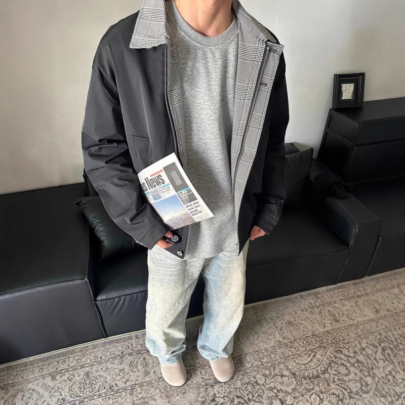 黑色格纹拼接假两件外套男生秋季翻领短款棒球服cleanfit飞行夹克|undefined