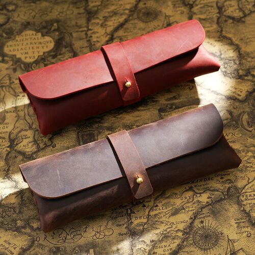 First-layer cowhide vintage Korean-style pencil case, minimalist Instagram-worthy trendy design, large-capacity leather stationery box perfect for Japanese-style elementary and middle school students.