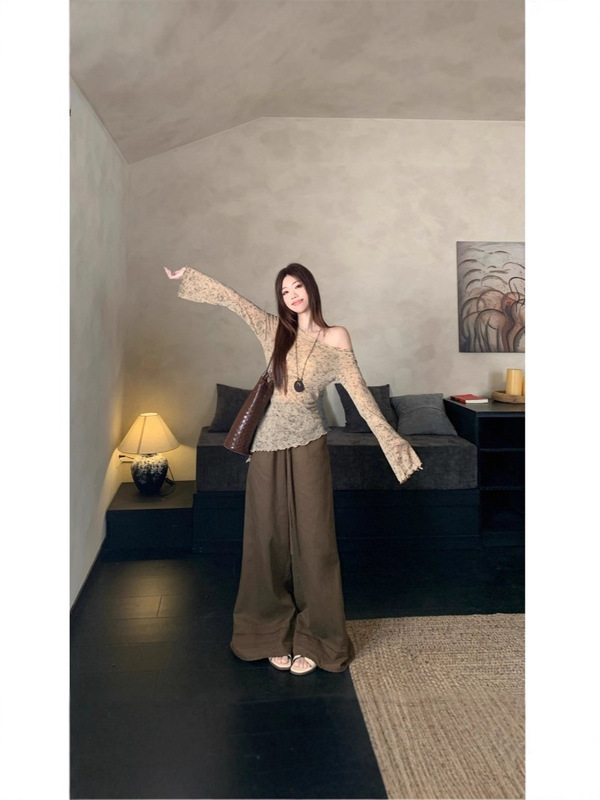 韩系辣妹斜肩不规则长袖针织衫抽绳休闲裤女2025秋季新款时尚套装|undefined