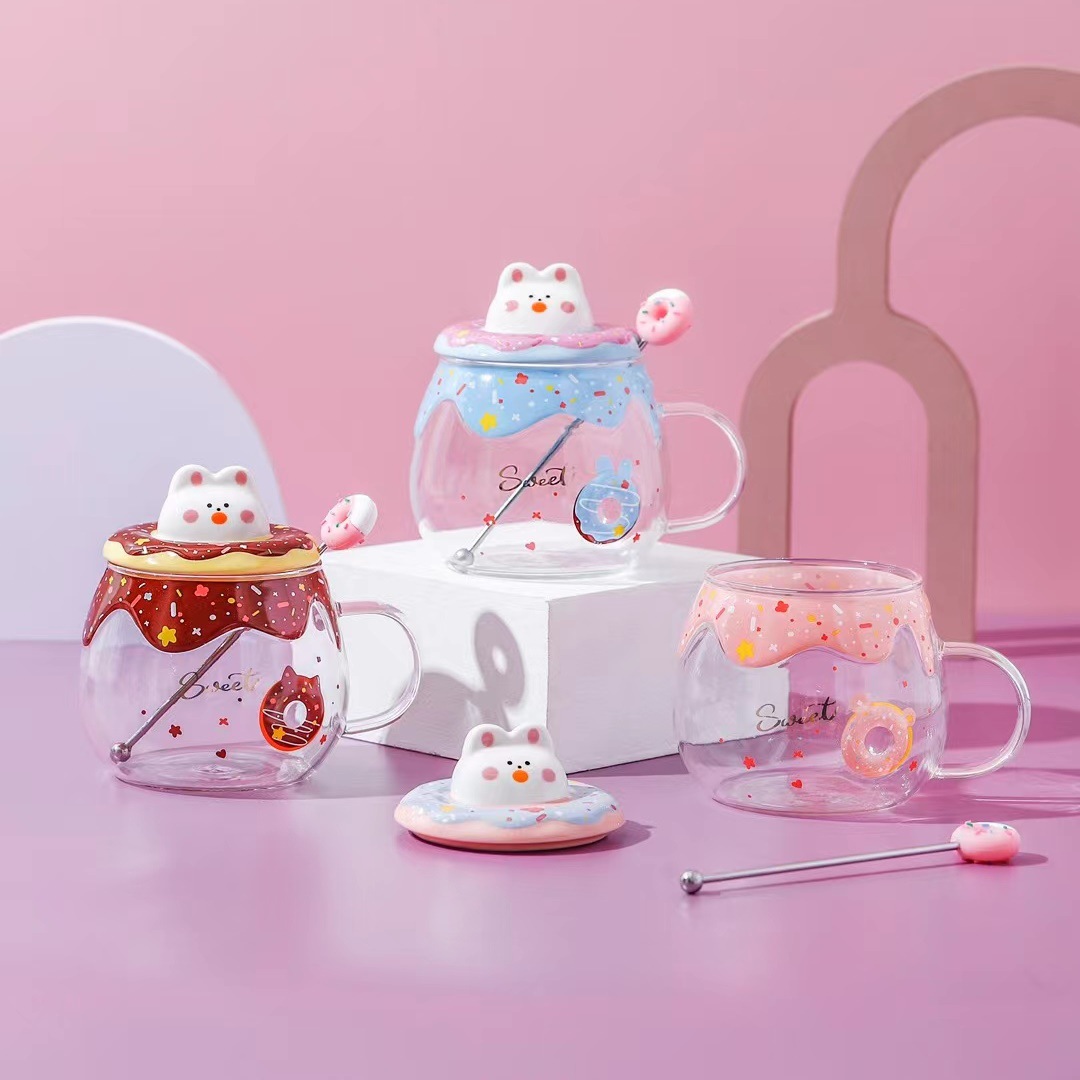 Donut de dibujos animados regalo personalizado de cristal lindo conejo de dibujos animados taza de café fresco de verano con tapa taza de cuchara