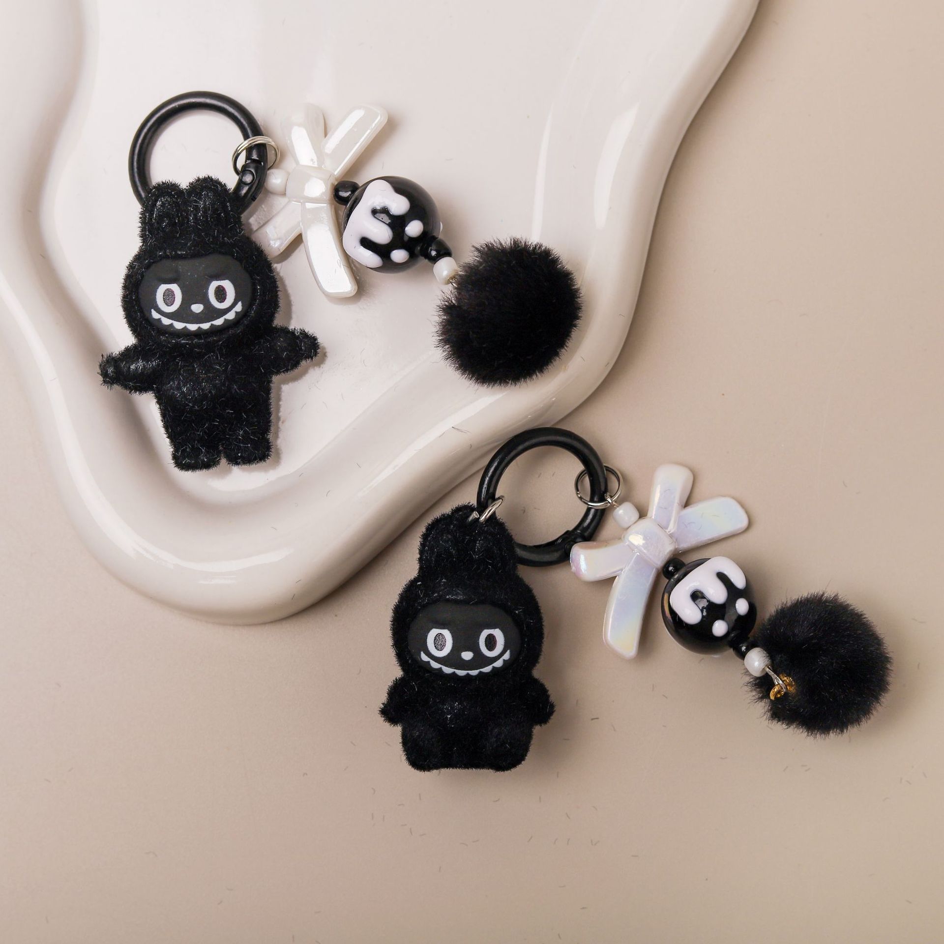 Cross-Border Popular Flocked Black Bunny DIY Plush Pendant Cute Bag Pendant Keychain Phone Chain