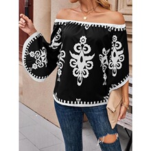 H 45825 Off Shoulder Print T-Shirt ӡ��¶��T�� �W���羳