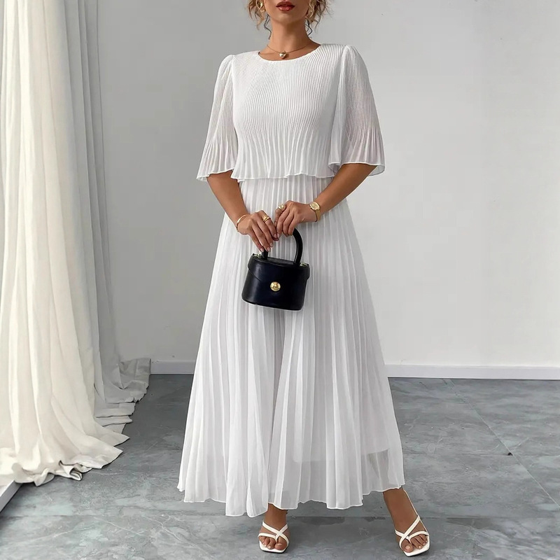 European and American Amazon Cross-Border Chiffon A-Line Skirt with Pleated Details Translucent Round Neck Long Sleeves Light Pure Color Suit