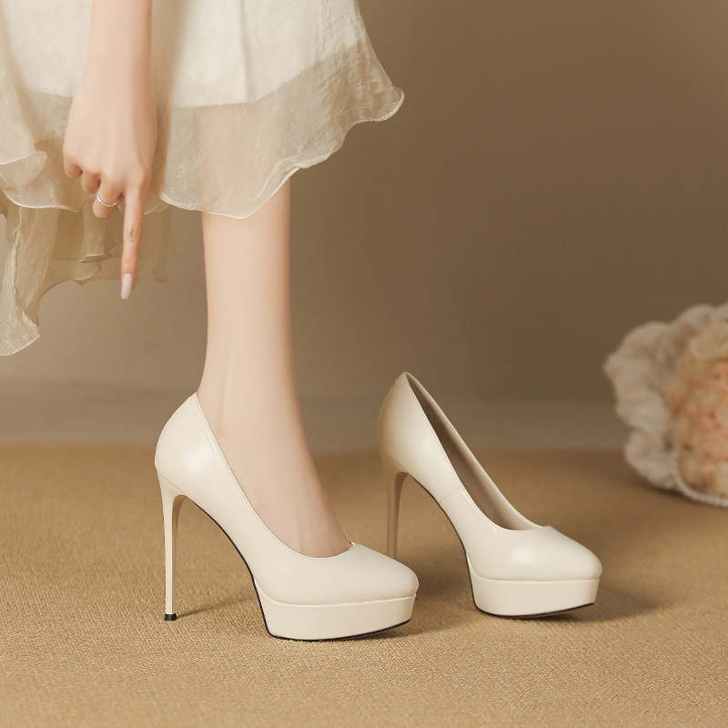 Giày cao gót nữ đế xuồng mũi tròn, gót nhọn 12 cm — Màu nude-12cm