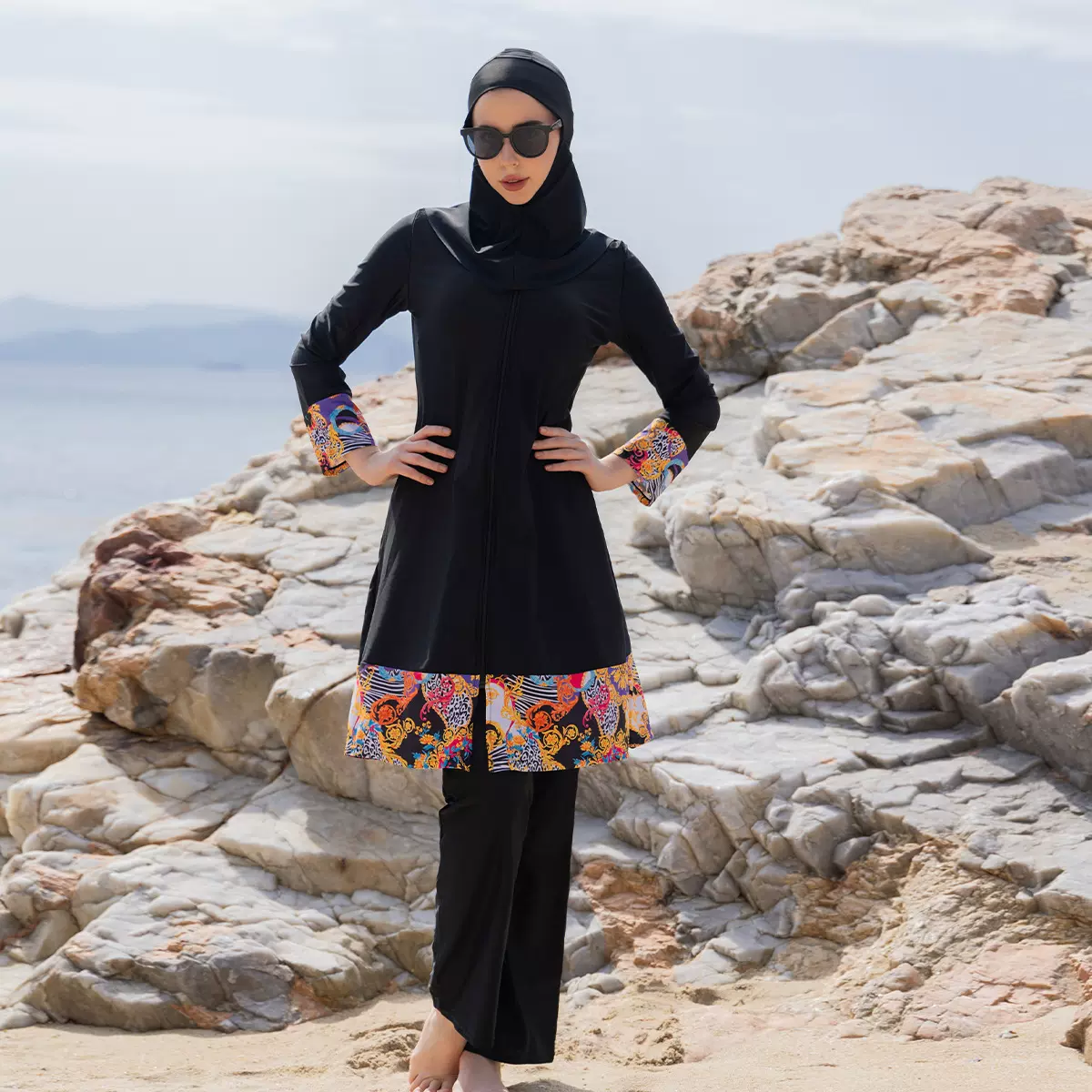 跨境外贸批发泳衣女士长袖长裤两件套保守泳衣带帽中东游泳套装