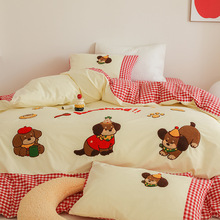 卡通ins风腊肠狗全棉毛巾绣床上四件套床单被套三件套床笠床品1.8