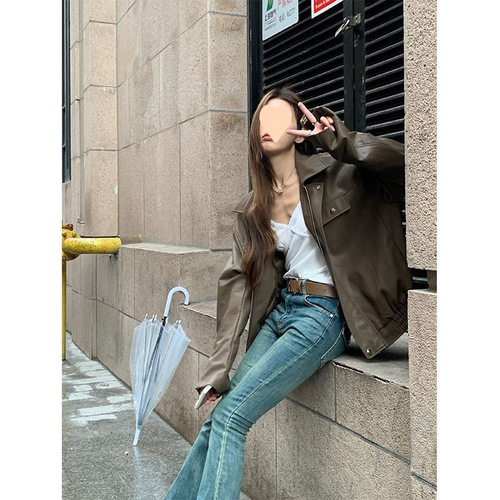 Leather Motorcycle Jacket for Women - Mahogany Color, Matte Finish, Spring and Autumn Korean Style, Retro, Loose and Versatile, Casual Biker Jacket