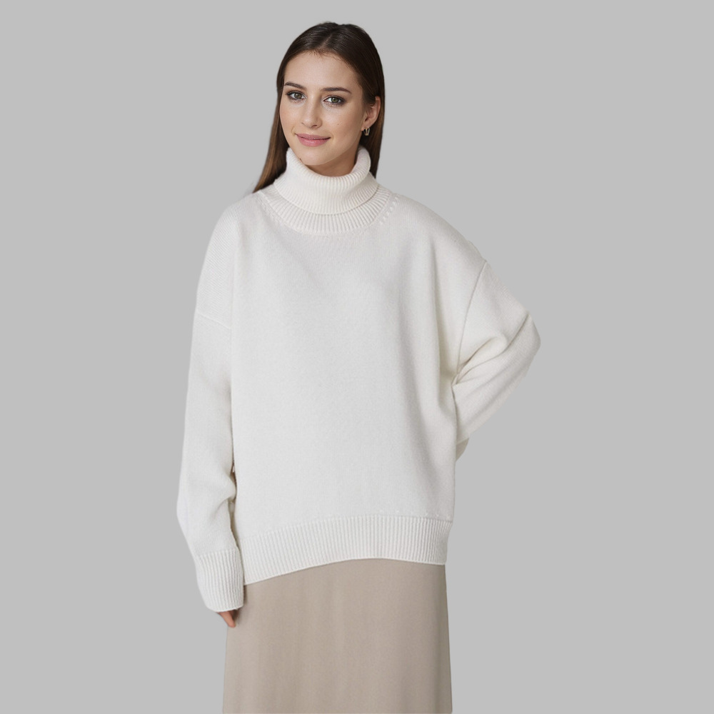 Comercio exterior transfronterizo de color sólido suéter de cuello alto mujeres Europa y América otoño y invierno suelto versátil clásico explosión camiseta de punto precio de fábrica al por mayor image 11