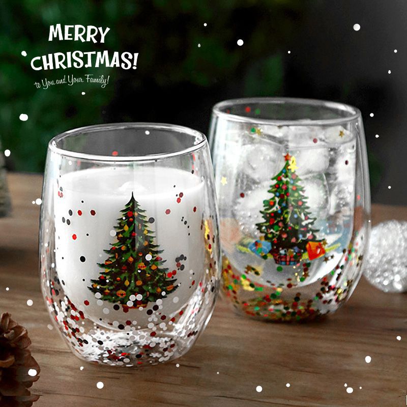 Taza navideña transparente para árbol de Navidad, taza de vidrio de doble capa, regalo creativo, taza navideña de vidrio de borosilicato alto, taza navideña creativa