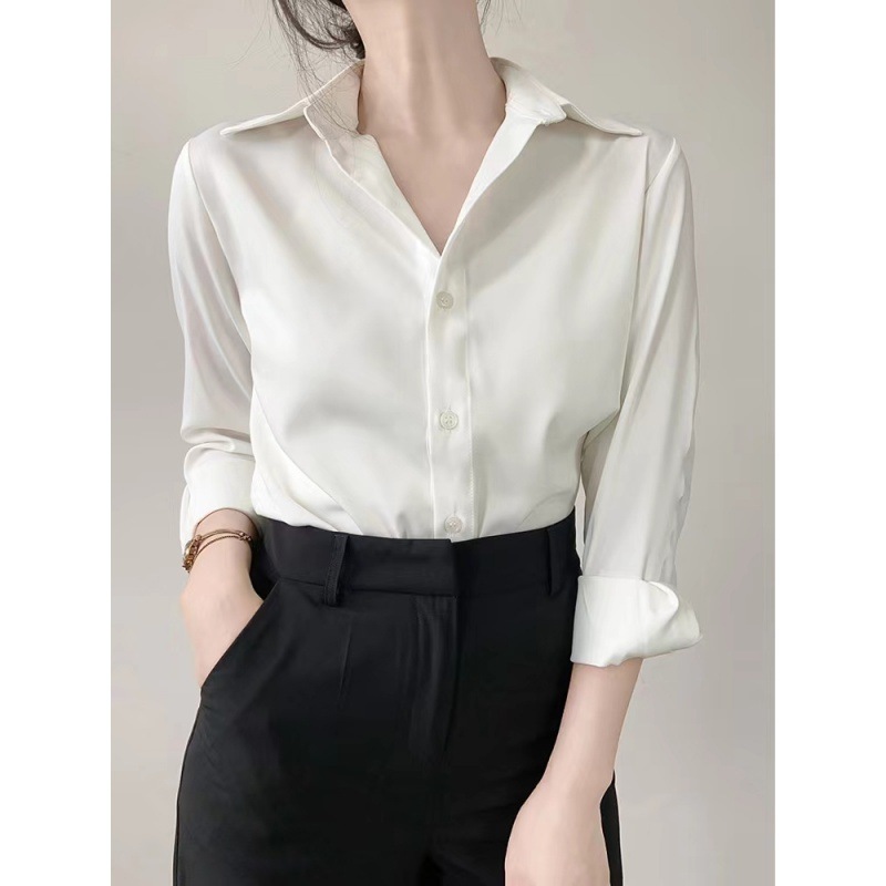 Simple Green Satin Shirt Women's Commuter Shirt Design Niche Top 2024 Spring