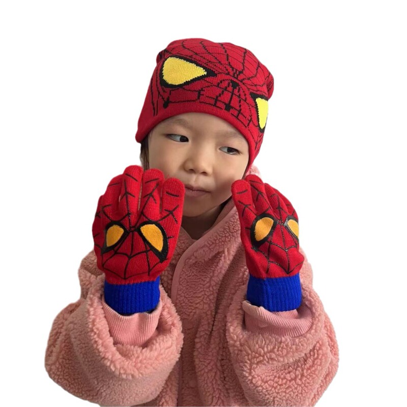 秋冬新型保温帽子手袋マフラー三点セットスパイダーマン漫画子供男の子女の子セット卸売り|undefined