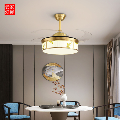 New Chinese-style full-copper fan lamp invisible hotel tea house restaurant living room bedroom variable frequency motor silent Zhongshan factory