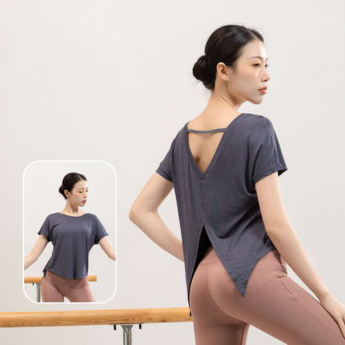Yoga wear short-sleeved T-shirt women's summer beauty back slit blouse loose running sports fitness top dance practice clothes