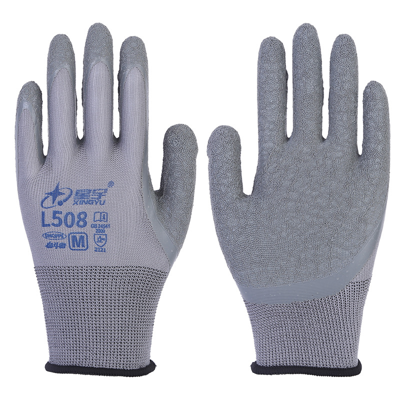 LaTeX semi-inmersión guantes en stock al por mayor transpirable anti-desgaste guantes antiarrugas Xingyu semi-colgante de látex L518 guantes de protección laboral