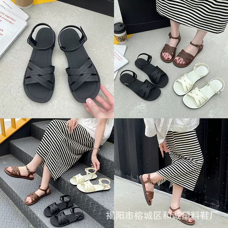 新款时尚坡跟凉鞋女外穿5新夏季复古草编一字带软底防滑沙滩鞋女