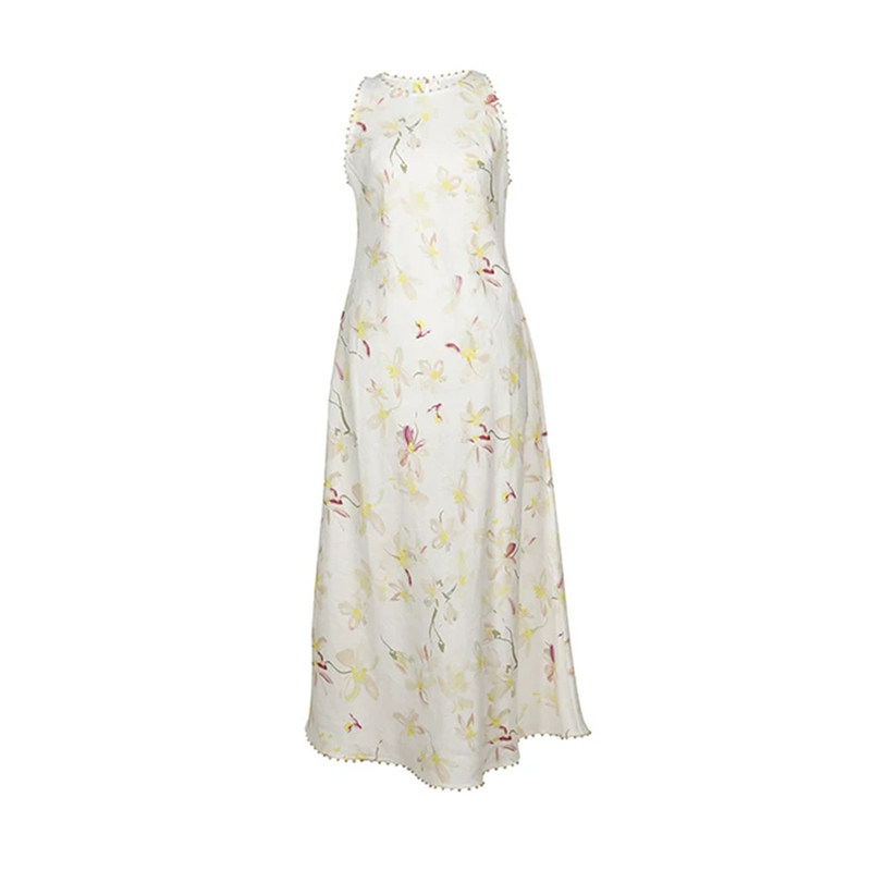 Advanced Craftsmanship: Printed Linen Air-Washed Holiday Bias-Cut Sleeveless Dress with Bell Sleeves