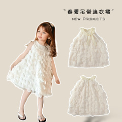 女童花瓣連衣裙2024夏新款洋氣兒童蝴蝶結公主裙寶寶吊帶背心裙潮
