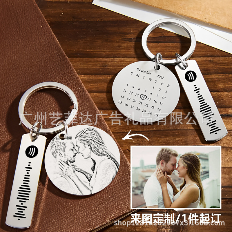 Cross-Border Customized Photo Calendar Spotify Keychain Photo Sketch Mother's Day Stainless Steel Keychain Pendant