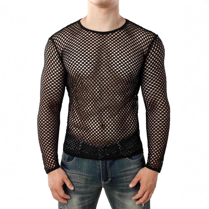 Sexy Hollow-Out Mesh See-Through Long-Sleeve Men's Top, Street Fashion Personality Foreign Trade Fishnet Men's Cover-Up Shirt