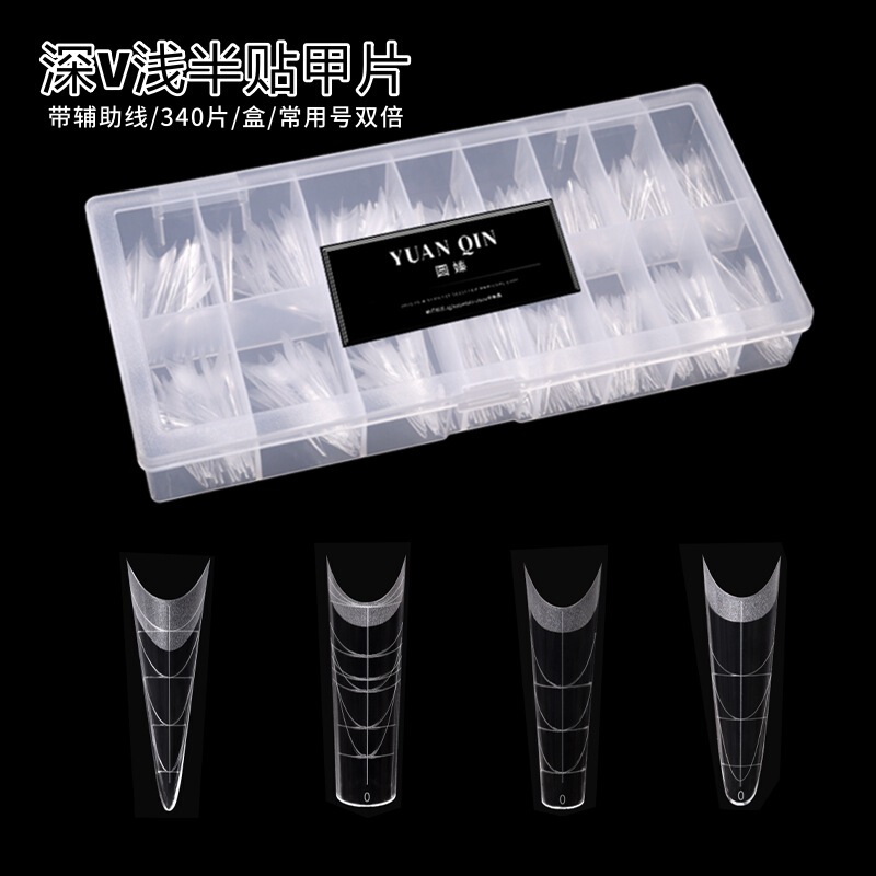 Deep V-Shaped, Long Oval, Pointed Shallow Nail Tips with Guide Lines, Trimmable, for Nail Art, Professional Nail Extension for Nail Salons