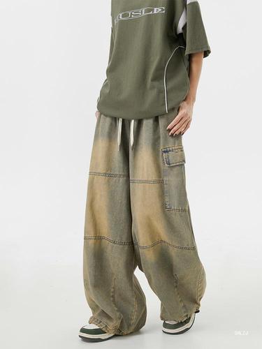 Retro Yellow Clay Wide-Leg Jeans for Men and Women, American Street Style Oversize Loose Fit with Multiple Pockets, Workwear Casual Pants