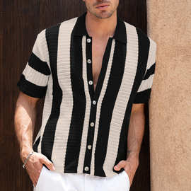 欧美跨境亚马逊新款夏季男士休闲宽松拼色条纹翻领开衫短袖T恤男