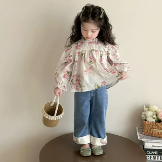 女童碎花衬衫套装春秋款2026新款儿童宝宝牛仔裤两件套一件代发