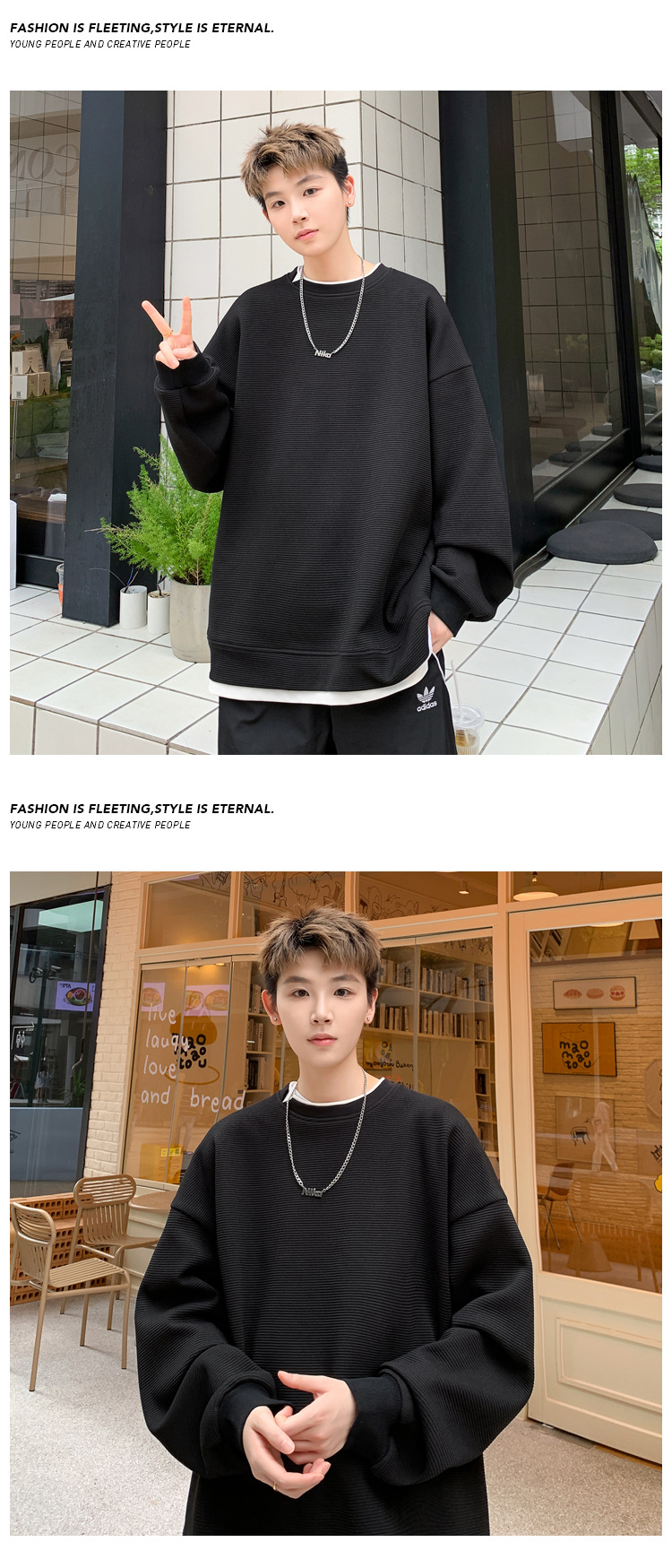 Men's Two-piece Spliced Blue Pullover Hoodie Loose Fit Pullover_voghion.com