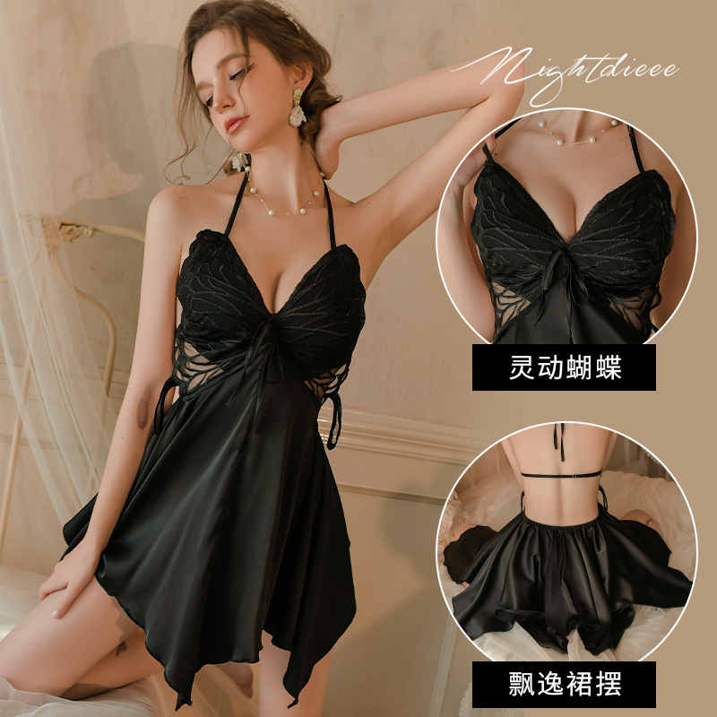 섹시한 란제리 여성 백 레스 잠옷 아이스 실크 홈웨어 프렌치 슬링 보우 푸시 업 플러스 가슴 패드 나이트 드레스 2084