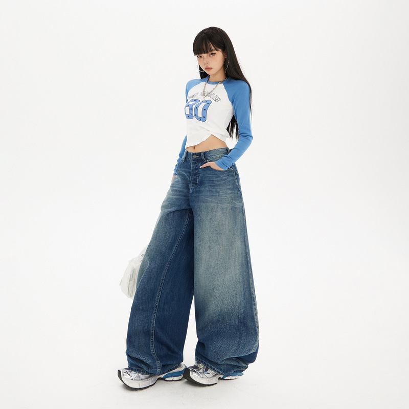 【今茵】时尚潮牌单品美式复古高腰宽松阔腿裤百搭渐变牛仔裤女潮|undefined