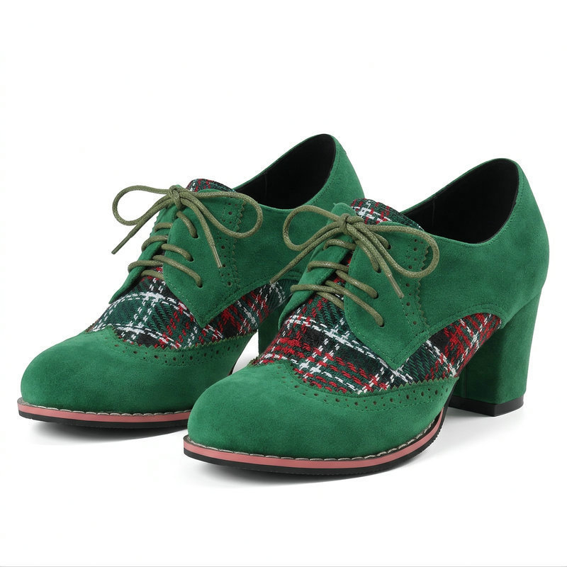 British-style lace-up Oxford shoes, women's plaid patchwork, chunky heel, high-heeled, round-toe, carved, retro brogue, small leather shoes British-style lace-up Oxford shoes, women's plaid patchwork, chunky heel, high-heeled, round-toe, carved, retro brogue, small leather shoes
