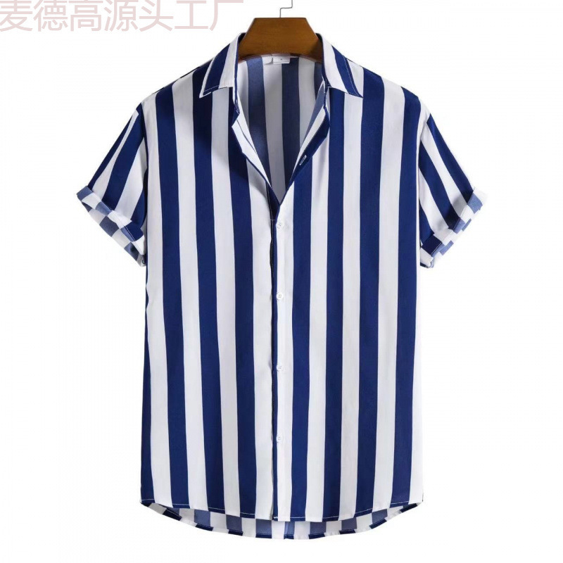AliExpress 남성용 반팔 라펠 카디건 탑 남성용 2023 비치 하와이안 셔츠 스트라이프 프린트 남성용