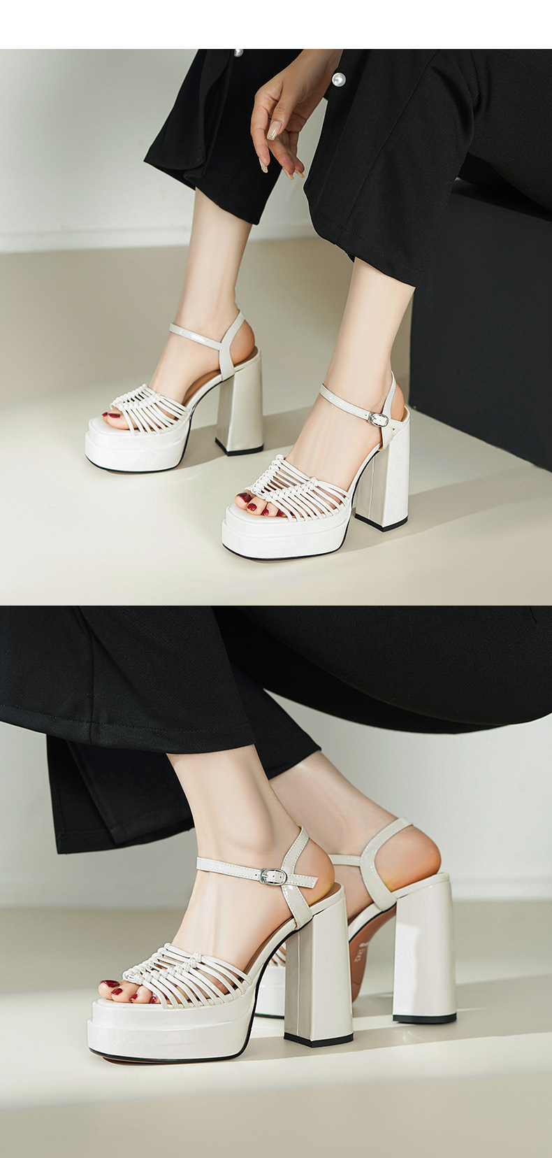 Sandal cao gót nữ hở mũi quai mảnh đan chữ một, gót 13 cm — màu vàng chi tiết 4