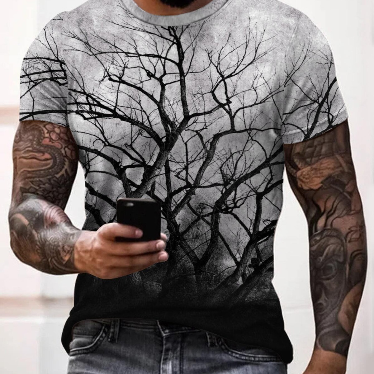 男装休闲短袖T恤宽松圆领3D数码打印玫瑰花简约套头上衣跨境夏季