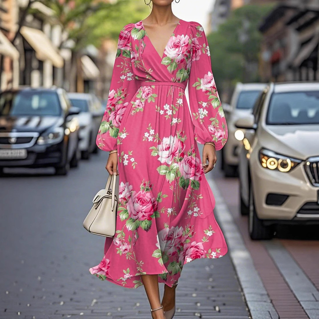 2025 European and American Clothing Amazon Independent Site V Neck Long-Sleeved Digital Printing Waist Long Dress