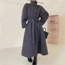 韩系立领2024新款双面羊毛大衣女秋冬单排扣长款双面呢外套女腰带