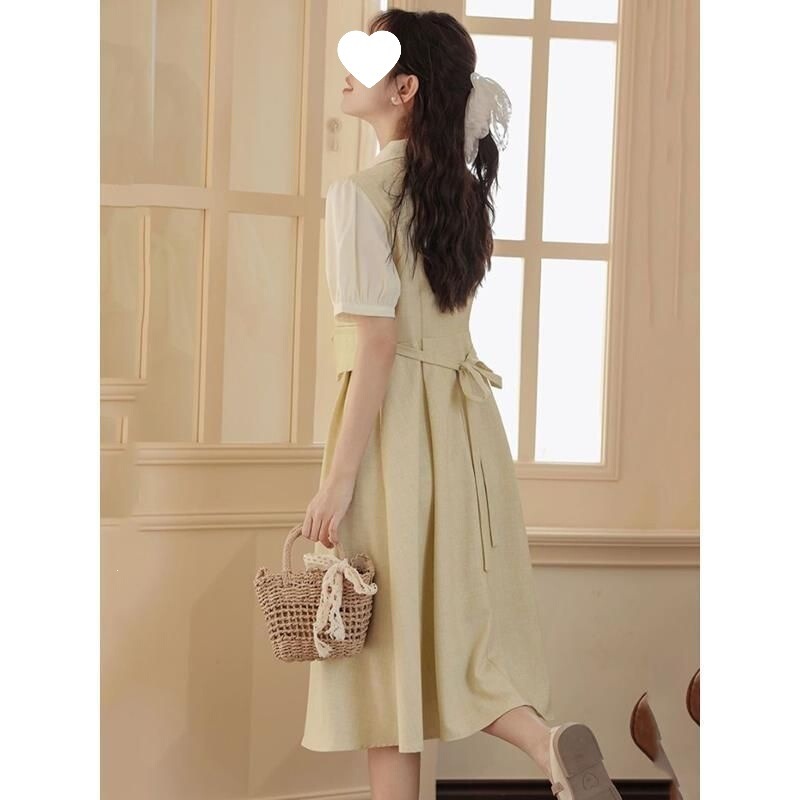 Tea Break French-Style Summer Dress for Women, Short-Sleeved, Elegant, Faux Two-Piece, Suitable for Teaching Interview, Formal Occasions, and Date Long Dresses for Women