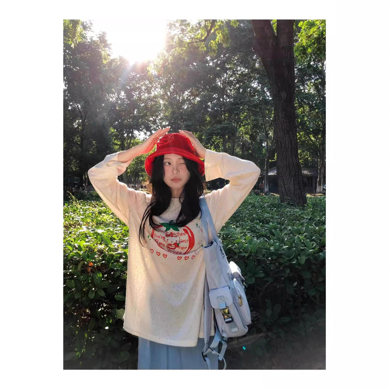 Original Snowflake Cotton + Colorful Dots American Long-Sleeved T-Shirt Female Cat Lazy Sun Protection Blouse Preppy Style Versatile Top