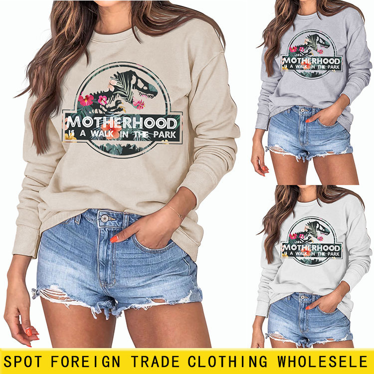 Cross-border Foreign Trade Women's MOTHERHOOD Dinosaur Printed Round Neck Sweatshirt Loose Casual Base Long Sleeve T-shirt