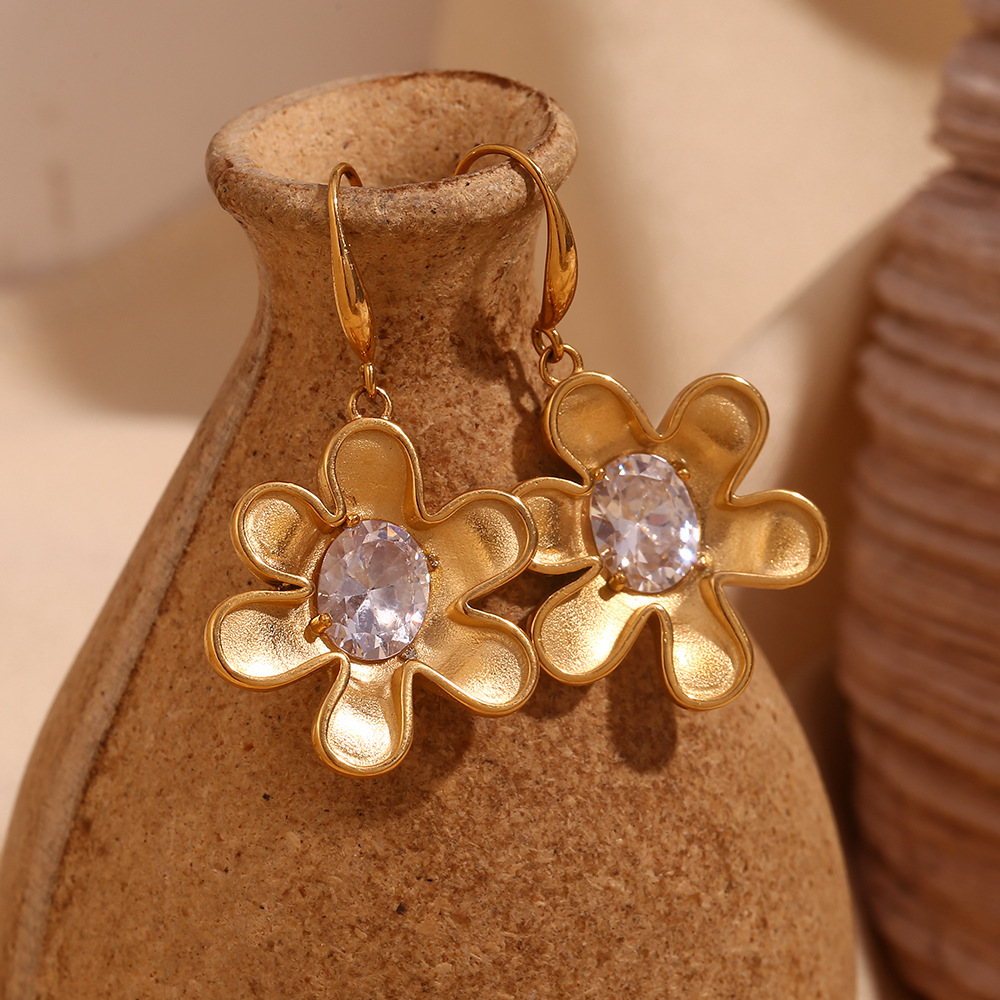 White Diamond Flower Pendant Stainless Steel Earrings